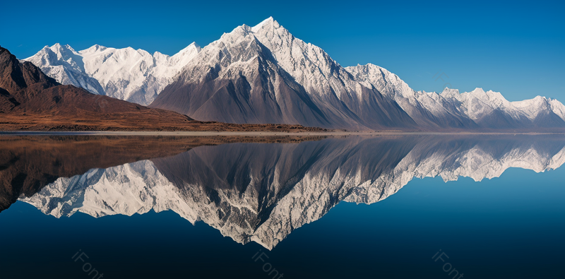 蓝天下无人的雪山地貌倒映在明镜一般的湖面,高清,摄影图,摄影图片,图片大全,摄影图免费下载